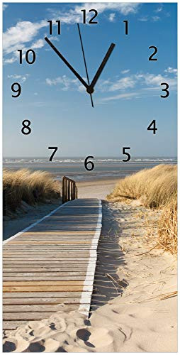 Wallario Design-Wanduhr Auf dem Holzweg zum Strand aus Glas, Motiv-Uhr Größe 30 x 60 cm, Schwarze Zeiger