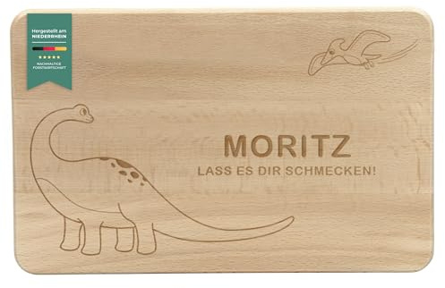LAUBLUST Frühstücksbrettchen Kinder - Personalisiert mit Gravur - Dino Motiv - Geschenk Brettchen 24x15cm, Holz FSC®
