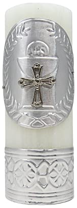 Needzo Silver Tone Unscented Pillar Candle with Chalice and Host and Cross Charm for Decoration or Jewelry Making, Decoration First Communion, 3.5 Inches