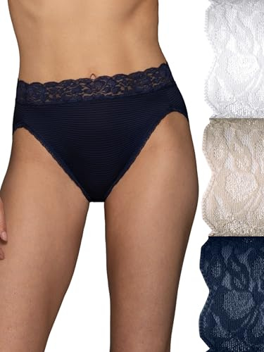 Vanity Fair womens Flattering Lace Panties Underwear, Hi Cut - 3 Pack White/Beige/Navy Stripe, 7 US