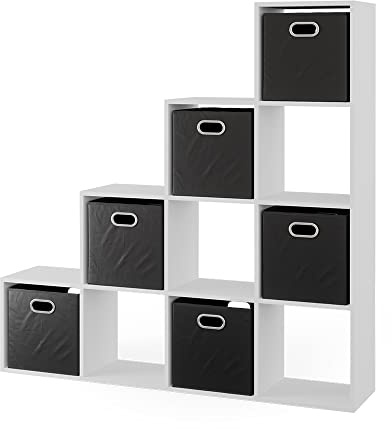 Vicco Treppenregal, Weiß, 142.5 x 140 cm mit 6 Faltboxen, als Raumteiler in leiterförmiger Bauweise einsetzbar