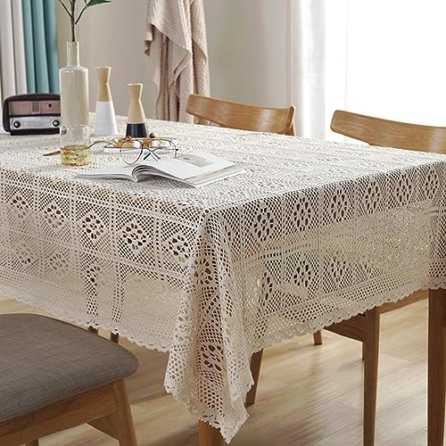 BMIDRUT Vintage Häkeldeckchen Tischdecke Beige Baumwolle Häkeln Rechteckige Tischdecken Spitze Deckchen Tischdecken Tischdecke Hochzeit Zuhause Party Dekor (140 x 100 cm)