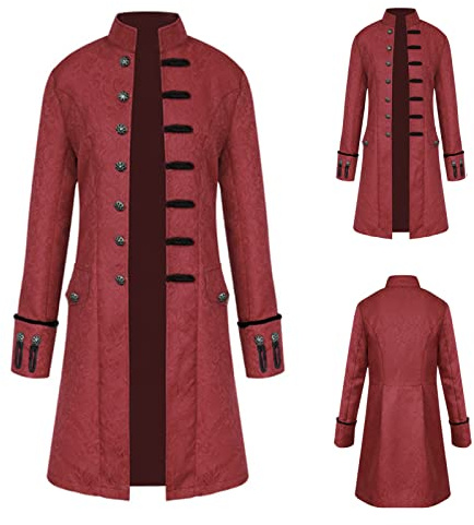 TTOKGZG Steampunk Medieval Vintage Coat Men, Gothic Single Breasted Trench Coat long,Halloween Tailcoat Costume, Medieval Victorian Frock Uniform for Steampunk-Themed & Halloween Party(Red, XXL)