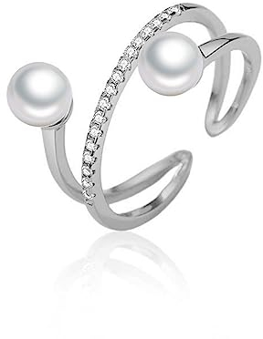 IMINI Perle Ring Silber 925 für Damen Mädchen Zirkonia Perlenring Offene Verstellbar Ring Band Vertrauensring Fingerring Promise Ringe (Silber)