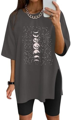 Eunike Oversize Shirt Damen Lange Tshirt Kurzarm Sportshirt Lockere Oberteile Sommer Funktionsshirt Tunika mit Schlitzen Schlitz-Mond XL
