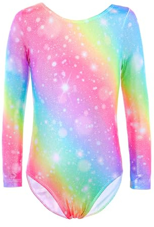 XiaoMoSha Gymnastics Leotards for Girls Long Sleeve Dance Leotard Sparkle Ballet Dancewear for Little Girls,Rainbow,11-12 Years