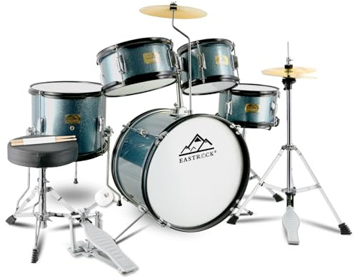 EASTROCK Drum Set, 5 Piece 16 Junior Drum Sets, Youth,Drummer, Beginner Drum Set for 7-12 Years Old with Throne,Cymbal,Pedal,Drumsticks（Gray）