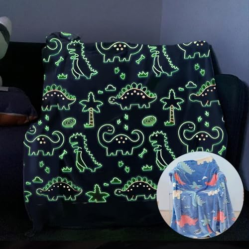 SUPGOMAX Kuscheldecke Kinder Glow in The Dark Fleecedecke, 150 x 130cm Dino Deko Decke Flanell Leuchtet Im Dunkeln Blanket, Dinosaurier Geschenk für Mädchen Jungen Kinder