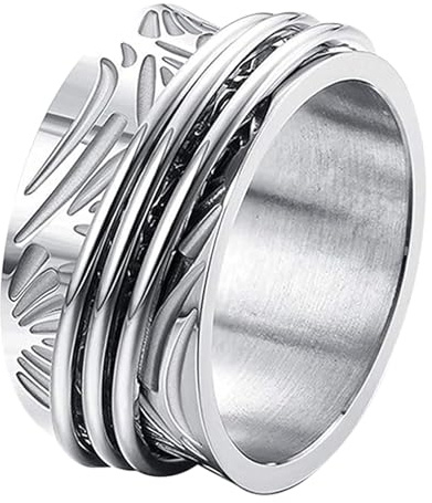 JewelryWe Anillo Giratorio Ansiedad Mujer: Anillo de Pulgar de Acero Inoxidable Plateado Aliviar el Estrés Grabado Tridimensional - Para Uso Diario Antiestrés Regalo 67mm