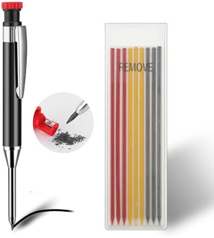 Amabro Mechanische Zimmermannsbleistifte mit integriertem Spitzer, solide Holzbearbeitungsstifte mit 9 Ersatzminen Tieflochmarkierungswerkzeuge robuste Reißnadel (Schwarz)