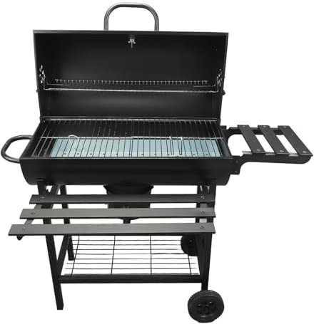 Grill à Charbon de Bois en Baril, Barbecue de Camping, Barbecue D'Extérieur avec Table Avant Latérale, Poêle Barbecue Amovible avec Thermomètre, Gril Cuisson pour Jardin Extérieur