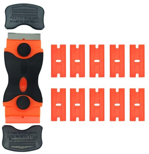 Plastic Scraper with 10 Replacement Blades, Multi-Purpose Window Scraper and Hob Scraper for Removing Stickers, Decals, Glue from Glass, Floors, Ceramic Surfaces, Easy Grip Handle,