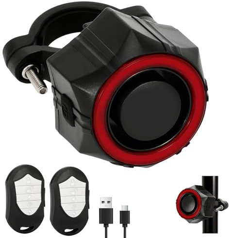 Fahrrad Alarmanlage mit 2-Fernbedienungen - 110dB Wasserdicht E Scooter Alarmanlage,USB- Wiederaufladbare Fahrrad Alarm für Fahrrad,E Scooter,Motorrad,eBike,5 Lautstärken Diebstahlschutz Alarm