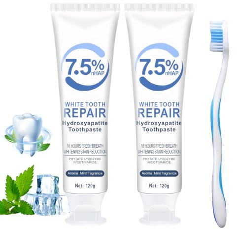 2 Pcs Hydroxyapatite Toothpaste UK, 7.5% Nano Hydroxyapatite with Fluoride Free Formulafor Tooth Enamel Repair, Fresh Mint for Sensitive Teeth Care Long-Lasting Fresh Breath