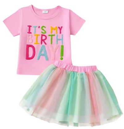 LUVCES Vestito per Compleanno Bambina Manica Corta Ricamata Maglietta+ Colorate Tutù Gonne Set di Vestiti Estivi per Feste di Compleanno Bambine Rosa IT'S MY BIRTHDAY 5-6 Anni