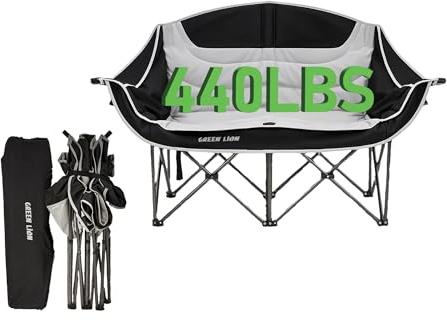 Green Lion Portable Folding Double Camping Chair, Loveseat 2 Cup & Wine Glass Holder, 600D Oxford Fabric + Steel Pipe Material, Safety Lock, Great for Camping, Tailgating, Firepits, Patio & More
