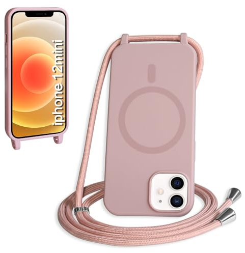 FNPCUON Cover Magnetica Silicone per iPhone 12 Mini con Cordino,Compatibile con MagSafe,Custodia con Laccio Collana Tracolla Collo Sottile TPU Antiurto Protettiva Case con Corda.Rosa