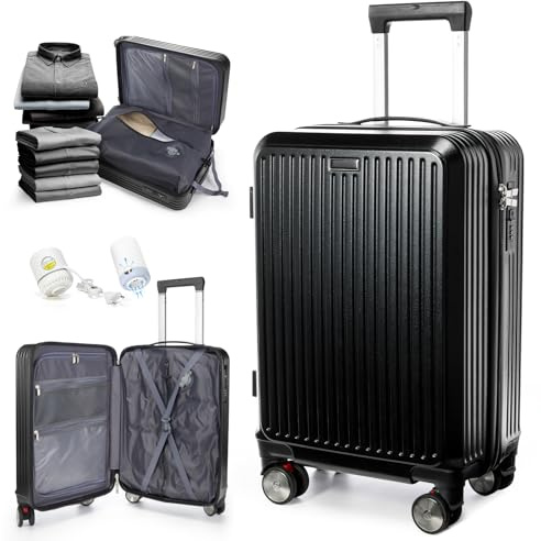 WEFLIER Vakuum Handgepäck Koffer 55x40x20cm Cabin Luggage,Reisekoffer Sets mit Pumpe,Hartschalenkoffer Carry on Luggage mit Vakuumsystem und Tsa schloss,20 Zoll, Schwarz