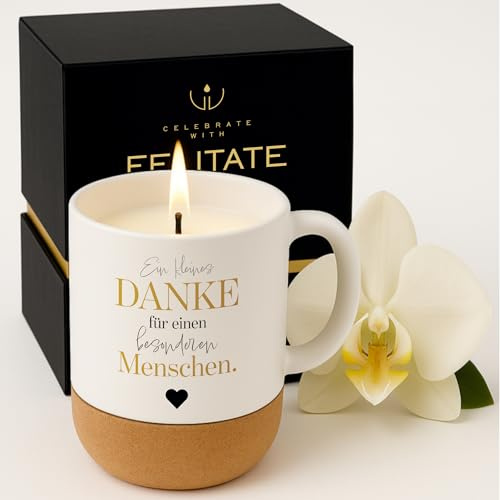 FELITATE Geschenk für Frauen & Männer, 2in1 Duftkerze in Tasse mit Spruch | Ein kleines Danke Geschenke zum Geburtstag, Vatertag & Muttertag, Geschenkidee für Kollegen, Freundin, Opa & Oma