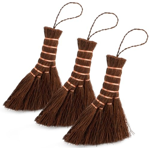 Fasmov 3 Pack Bonsai Broom Brush, Natural Straw Broom with Embroidery Nylon Thread Handle with Hanger, Whisk Broom Hand Brush Car Broom for Cleaning Dustpan Desktop