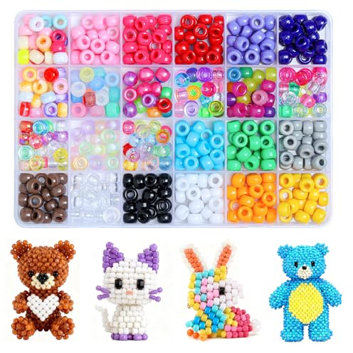 Gkelaly 480 Stück 6x9mm Pony Perlen mit Großem Loch, Bunte Kandi Beads Zum Auffädeln, Bastelperlen Set für Halsketten Armbänder Haarflechten Schmuckherstellung