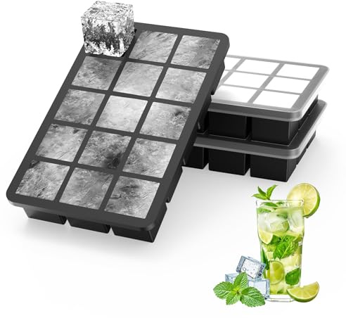 Ankway Lot de 3 Bac à Glaçons avec Couvercle, 45 3.5cm Glacons Moule Silicone, Sans BPA, Faciles à Retirer pour Cocktails, Whisky, Vin, Fruits, Purées de Fruits, Glaces, Noir