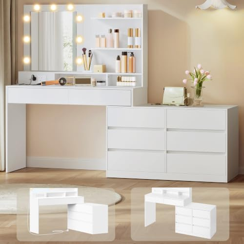 VASAGLE Dressing Table with LED Lights, Vanity Table Makeup Desk, RDT140WB02