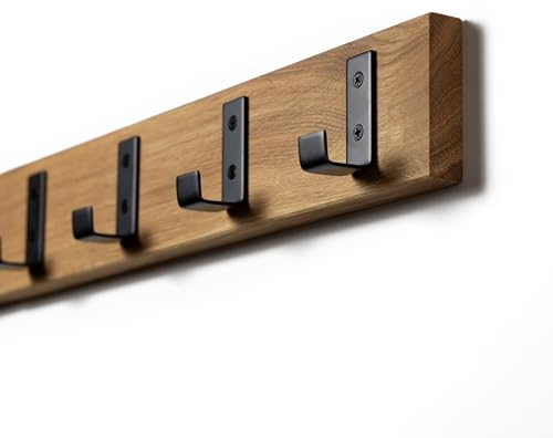 WOODS Wandgarderobe aus massivem Eichenholz mit schwarzen Metallhaken, 40, 60 oder 80 cm Breite, Garderobe Flur & Eingangsbereich moderne Garderobenleiste (80cm (8 Haken))