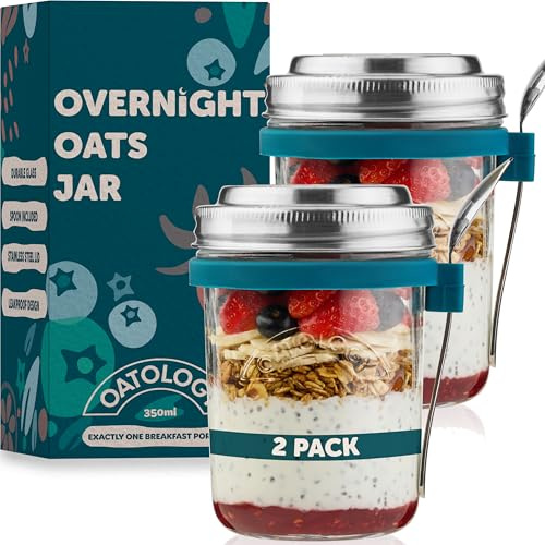 OATOLOGY Glass Overnight Oats Jar Container | Unique Leakproof Stainless Steel Lids, Spoon, Thick Glass | Breakfast Pots Mason Jars for Chia Pudding Granola Yoghurt Porridge Cereal On-the-Go | 2 pack