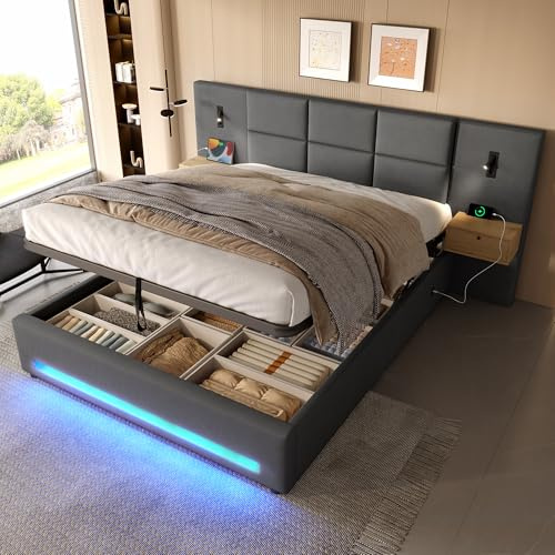 Dolamaní Polsterbett Doppelbett 180x200 cm mit Samt Kopfteil- mit 2 Nachttische und Nachtlicht, Hydraulische Bett mit Stauraum & LED-Beleuchtung, robustem Metallgestell, ohne Matratze (Dark Grau)