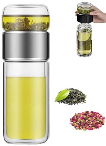 Glas Infuser Tea Cup, 3-i-1 Design med inbyggt filter, dubbelskiktad isolerad teflaska med lock, bärbar lös bladsteeper för hem resor kontor