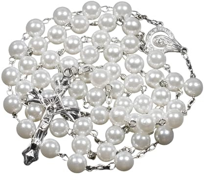 LAMGUL Mädchen-Accessoires 925 Sterling Silber religiöse Rosenkranz-Halskette für Frauen – Religion christliche Kunstperlen-Rosenkranz-Kreuz-Halskette, Jungfrau Maria Jesus-Kreuz-Anhänger, Lange