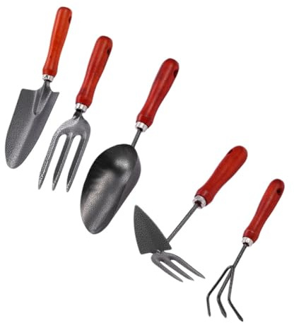 Veemoon Ensemble D’Outils de Jardinage 5 Pcs Pelle et Râteau en Acier, Manche Ergonomique, pour Jardin, Plantation et Entretien Extérieur, Kit Pratique pour Travaux de Terre et Culture