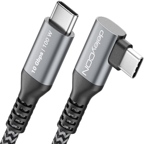 deleyCON 1,5m Cable USB-C 100W 10 Gbps Ángulo 90 Grados (USB 3.2 Gen2) PD 3.0 Carga Datos 4K@60Hz para iPhone 17 16 15 Galaxy A16 A26 A56 S26 S25 S24 iPad SSD HDD MacBook PS5