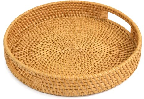 Plateau de Service Rond en Rotin, 30cm Plateau de Service en Osier avec Poignées, Plateau de Service en Rotin, Panier de Service Décoratif en Tissé Naturel pour Petit-Déjeuner Boissons(Naturel)