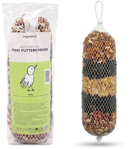 Vogelglück Maxi Futterstange für Wildvögel zum Aufhängen 600g, 5er Set Futterstangen mit Erdnüssen Sonnenblumenkernen Haferflocken Saaten, Ganzjahresfutter für Gartenvögel einfach aufhängen