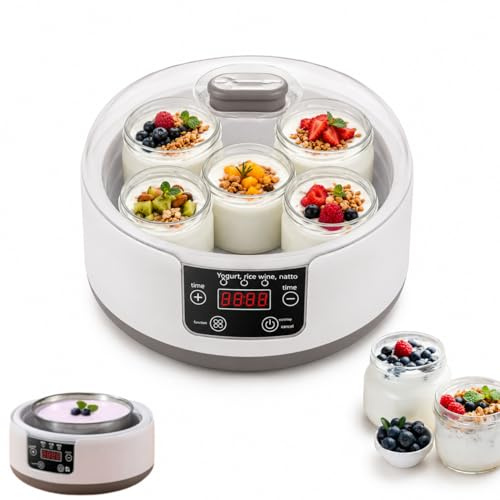 Máquina de yogurt para casa de 1200 ml con 5 macetas, función temporizador y pantalla digital, para hacer yogur casa en familia