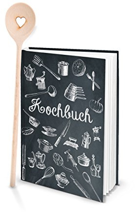 SET receptbok liten för att skriva med sig diskret vit vintage nostalgi DIN A5 + KOCHLÖFFEL HARDCOVER bok mina recept favoritrecept skriva som present kök matlagning