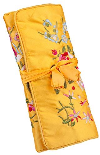 mookaitedcor Garten Design Stickerei Schmuckrolle für Reisen, Schmuck Organizer Reise Schmucktasche für Ringe Ohrringe Halsketten Armbänder, Gelb