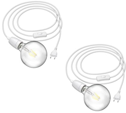 ledscom.de 2 Stück Textilkabel LEHA II mit Stecker, Schalter und E27 Porzellan-Fassung, weiß, 3 m, inkl. LED Globe Leuchtmittel 838lm warmweiß