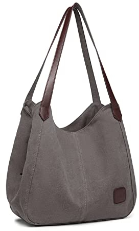 KONO Damen Canvas Schultertasche Vintage Hobo Handtasche Umhängentasche Shopper Tasche für Arbeit Schule Reise (Grey)