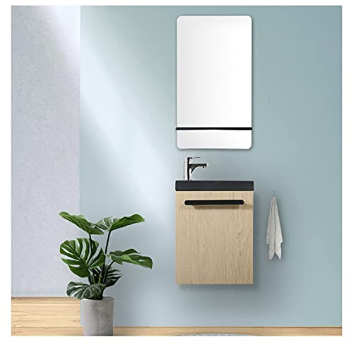 MOB-IN Meuble Lave-Mains Nevada Décor chêne Vasque Noire + Robinet chromé + Miroir