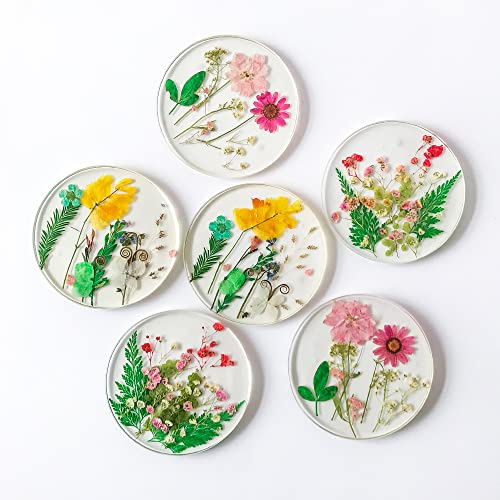 Floral Coasters for Drinks: Handmade Resin Coasters Tabletop Protection Cup Mat Round Coaster Set with Real Flower for Women Coffee Table Home Decor （Set of 6）