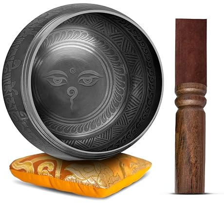 Himalayan Bazaar Juego de Cuenco Tibetano con Sonido Para Meditar, Cuenco Tibetano Elaborado a Mano Fácil de Tocar, Con Sonidos Para Hacer Yoga y Alinear Los Chacras