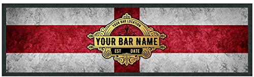 Personalised England Bar Mat, St Georges Day Flag Beer Mats, Football Bar Accessories For Home Pub, Cocktail Gin Bar Rubber Runner Mat Custom Text, Gift Idea For Him, Large - 880x250, White