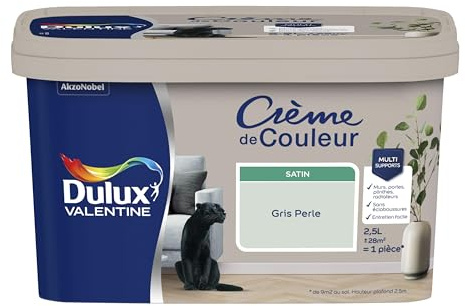 Dulux Valentine Crème de Couleur - Peinture multi-supports intérieure - Satin Gris Perle 2,5 L
