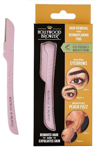 Hollywood Browzer Rasoir Sourcils & Visage pour Femme – Rasoir Dermaplaning sans Douleur – Épilation Faciale & Exfoliation – Manche Écologique en Paille de Blé – Étui Inclus (Quartz rose)