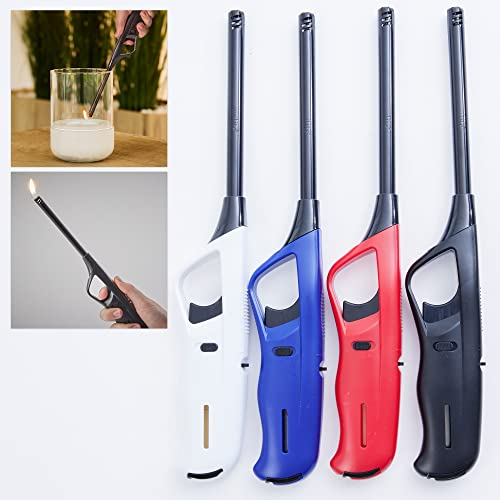 UNILITE 4 x Stabfeuerzeug mit Soft Flame – langes Feuerzeug mit Stab 27,6 cm lang – Elektronik Feuerzeuge – 4 Stück im Set schwarz weiß blau rot – Elekt-rofeuerzeuge mit Gas befüllt & nachfüllbar