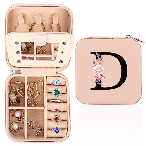 FIDWALL Schmuckkästchen Reise,Schmuck Reiseetui fuir Damen,Personalisierte Schmuckkästchen von A bis Z,Kleine Schmuck-Organizers mit Spiegel,Geschenk zum Frauengeburtstag,Geschenk zum Muttertag.(D)