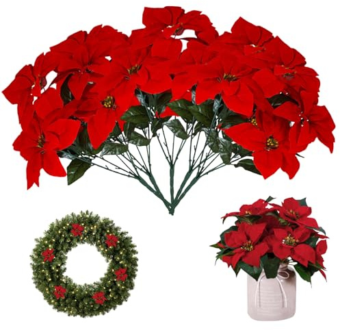 Yeory Bouquet de Poinsettia Artificiel pour Noël - 5 Packs de Fleurs Artificielles, Fausses Poinsettias pour Décoration de Noël